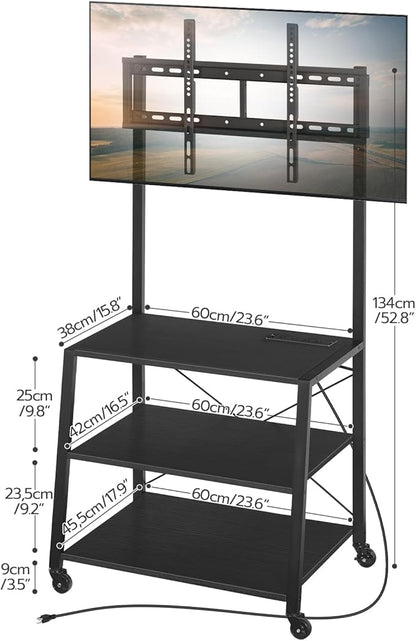 HOOBRO Rolling TV Stand with Mount and Power Outlet Up to 55 inch TVs, Corner Entertainment Center, Small TV Stand with 3-Tier Storage Shelves for Living Room, Bedroom, Black BB66UDS01