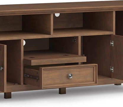 SIMPLIHOME Amherst 72-inch Wide Solid Wood TV Stand in Rustic Natural Aged Brown, Transitional-Style Media Console for Living Room with Cable Management and Adjustable Shelves, Fits 80" TVs