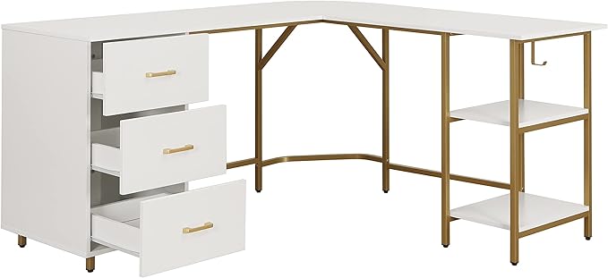 Techni Mobili L Shaped Desk - Two-Toned Computer Desk with Drawers & Storage Shelves - Simple Modern Furniture & Home Office Space Corner Table for Work & Writing