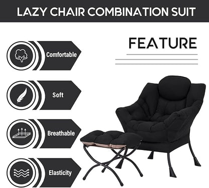 LITA Lazy Chair With Ottoman, Modern Accent Leisure Upholstered Sofa, Contemporary Lounge Reading With Armrests and Side Pocket for Living Room, Bedroom & Small Space, Black