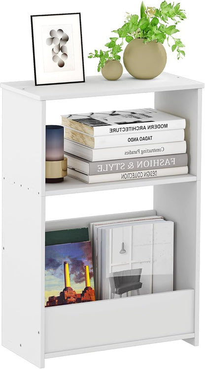 3-Tier Narrow End Table, Small Stand Shelf Narrow White Side Table with Storage Shelf, Small Bookshelf Bedside Table for Bedroom, Living Room, Office, Bathroom