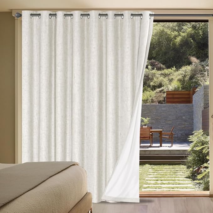H.VERSAILTEX Linen Blackout Curtains Durable Thick Textured Linen Look 100% Blackout Patio Door Curtain, Anti Rust Grommet Extra Wide Sliding Glass Door Curtains, W100 x L84 inch- Ivory