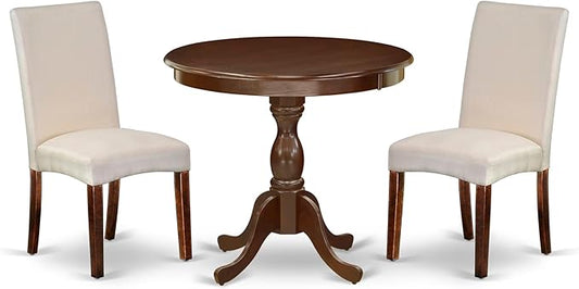 East West Furniture AMDR3-MAH-01 3 Piece Dinette Set for Small Spaces Contains a Round Kitchen Table with Pedestal and 2 Cream Linen Fabric Parson Dining Chairs, 36x36 Inch, Mahogany