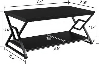 HOMISSUE Coffee Table, Rustic Rectangle Coffee Table with 2-Tier Storage, Engineered Wood Center Table with Open Shelves, Minimalist Coffee Table for Living Room, 39 Inch, Black