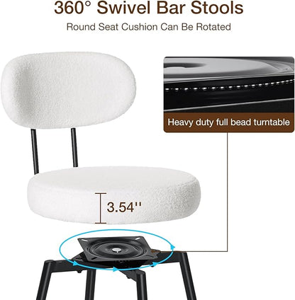 HOMMPA Counter Height Swivel Bar Stools Set of 2 Boucle Barstools 26'' Upholstered Modern Counter Barstools with Back Metal Legs Bar Stools Chairs for Kitchen Counter Island White