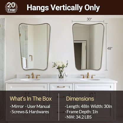 ANDY STAR 30x48 Inch Brushed Gold Mirror, Large Asymmetrical Wall Mirror, Antique Gold Mirror in Anti-Rust Stainless Steel Frame, Unique Designed Frame Ideal for Home Remodel