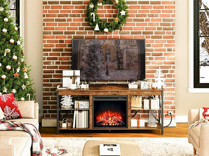 HOOBRO Fireplace TV Stand with Charging Station and LED Lights, TV Stand with Fireplace for TVs up to 65", Entertainment Center with Fireplace, Glass Shelves, Rustic Brown and Black BF140UDDS01