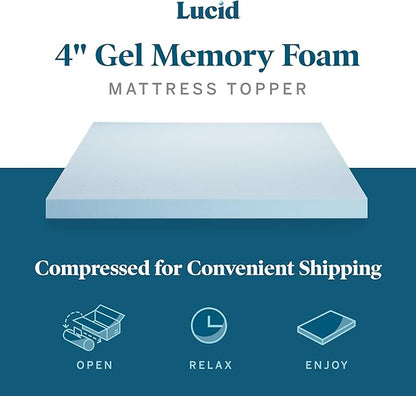 Lucid 4 Inch Mattress Topper - California King Size - Cooling Gel Infused Memory Foam - Plush Feel Pressure Relieving Bed Topper - Mattress Pad – Ventilated Breathable Design – CertiPur Certified