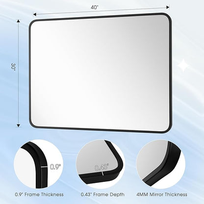 30x40 Inch Rectangle Bathroom Mirror with Black Metal Frame, Rounded Corner Rectangular Vanity Mirror for Wall, Modern Large for Bedroom, Living Room, Horizontal or Vertical