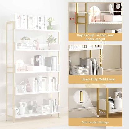Wide Open Shelf Bookcase - Modern 5-Tier Floor Standing Display Bookshelf with Top Edge for Home and Office, Storage Shelving in Warm White with Gold Frame