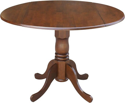 IC International Concepts, 42" Round Dual Drop Leaf Pedestal Dining Table, Solid Wood, Real Parawood, 42" W x 42" D x 29.5" H, Easy Assembly, Espresso