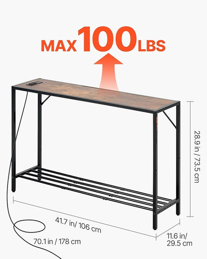 VEVOR Narrow Console Table, 41.7" Behind Couch Shelf with Power Outlets, 2-Tier Long Entryway Shelf, Sofa Table with Metal Frame and Charge Station, for Entryway, Hallway, Living Room