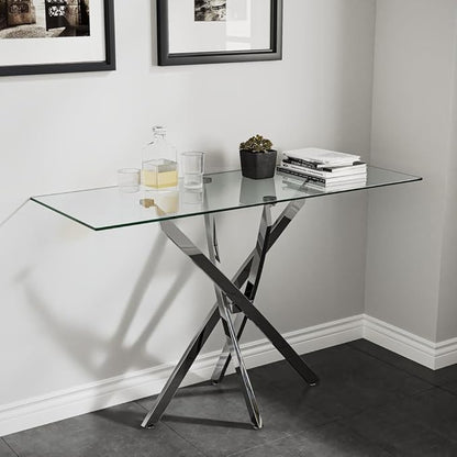 Tempered Glass Console Table with Chromed Legs, Modern Narrow Sofa Table for Hallway Entryway (Sliver, 39"x18"x30")