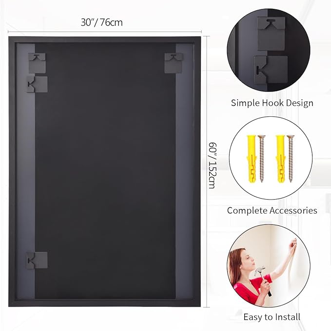 Koonmi Black Mirrors for Wall, 30x60 Inch Bathroom Mirror, Rectangular Wall Mirror for Living Room Bedroom Bathroom, Hangs Horizontally or Vertically