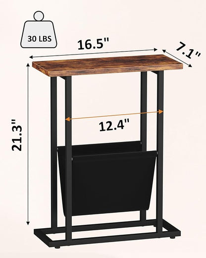 Narrow Side Table for Small Spaces, Small End Table Set of 2 with Magazine Holder, Skinny Slim Little Thin Table for Living Room, Bedroom, Sofa, Rustic Brown