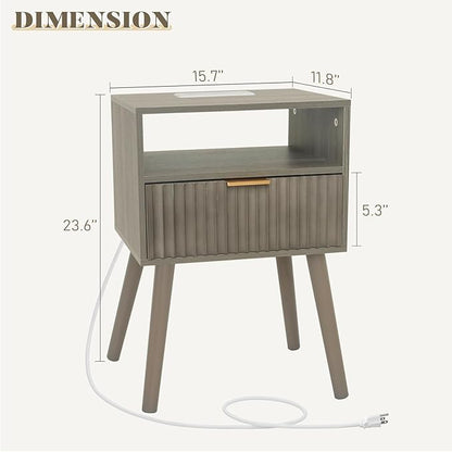 Night Stand with Charging Station, Modern Bedside Table with Drawer and Solid Wood Legs, Fluted Side End Table for Bedroom, Dorm and Small Space (Grey)