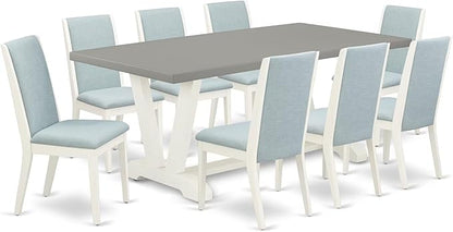 East West Furniture V097LA015-9 9 Piece Kitchen Table & Chairs Set Includes a Rectangle Dining Table with V-Legs and 8 Baby Blue Linen Fabric Parson Chairs, 40x72 Inch, Multi-Color