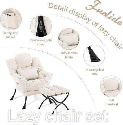 Lazy Chair with Ottoman, Comfy Fabric Accent Lounge Arm Chair with Lumbar Pillow and Folding Footrest, Reading Leisure Sofa Chair for Bedroom, Living Room, Dorm,Beige