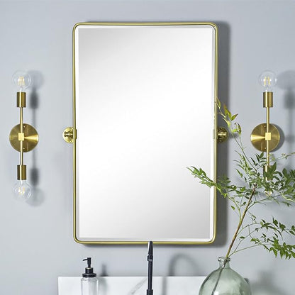 TEHOME 20x30'' Pivot Rectangle Bathroom Vanity Mirror Brushed Gold Rounded Corner Metal Framed Tilting Beveled Vanity Wall Mirrors