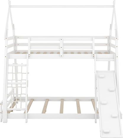 Twin Over Queen House Bunk Bed with Climbing Nets and Climbing Ramp for Kids Teens Boys Girls,Solid Wood Bunk Bed Frame with Safety Guardrails,Playful Design,White