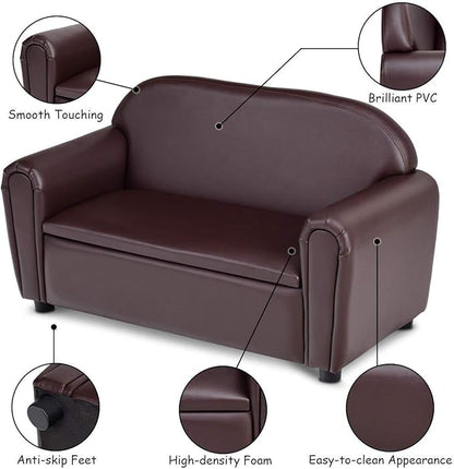 Costzon Kids Couch, 2 in 1 Double Seat Children's Sofa w/Under Seat Storage, PU Leather Surface, Toddler Armrest Chair, Kids Room, Soft Sofa with Storage for Preschool Baby Boys Girls Gifts