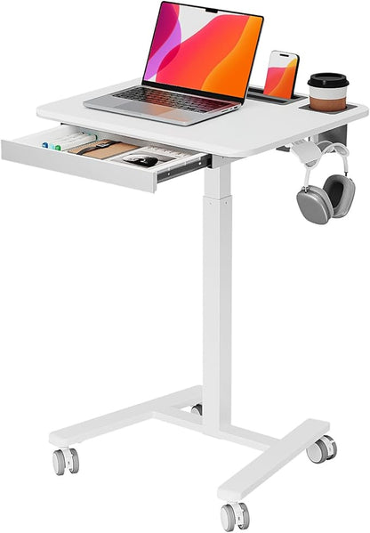 Mobile Small Standing Desk with Drawer, 23.6"x19.7" Rolling Laptop Cart on Wheels, Height Adjustable Sit Stand Computer Workstation with Storage for Compact Space, White