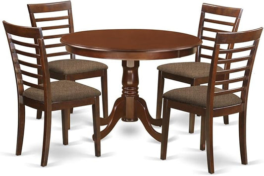 East West Furniture HLML5-MAH-C 5 Piece Dining Table Set for 4 Includes a Round Kitchen Table with Pedestal and 4 Linen Fabric Dining Room Chairs, 42x42 Inch, Mahogany