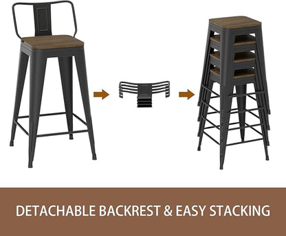 24 Inch Swivel Bar Stools Set of 4, Counter Height Bar Stools with Low Back, Metal Industrial Bar Chairs for Kitchen Island (Matte Black)