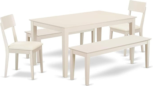 East West Furniture CAAD5C-LWH-LC 5 Piece Kitchen Table Set for 4 Includes a Rectangle Dining Room Table and 2 Faux Leather Dining Chairs with 2 Benches, 36x60 Inch, Linen White