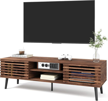 HAIOOU Mid Century Modern TV Stand, 52" Wooden TV Console with Slatted Sliding Doors and Storage for 50/55/60 Inch TV, Small Entertainment Center Media Console Cabinet for Living Room - Walnut Brown