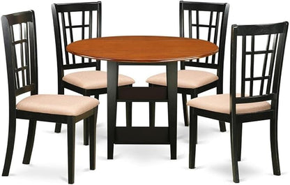 East West Furniture SUNI5-BCH-C 5 Piece Dining Set Includes a Round Dining Room Table with Dropleaf & Shelves and 4 Linen Fabric Upholstered Chairs, 42x42 Inch, Black & Cherry