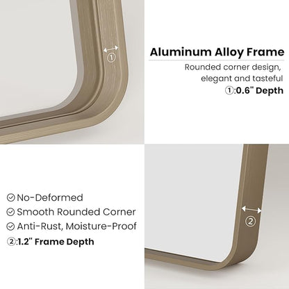 Bronze Bathroom Mirror 24x32 Inch, Brushed Bronze Metal Frame Mirror for Wall, Rounded Rectangle Bathroom Vanity Mirror with Tempered Glass, Anti-Rust, Horizontal/Vertical