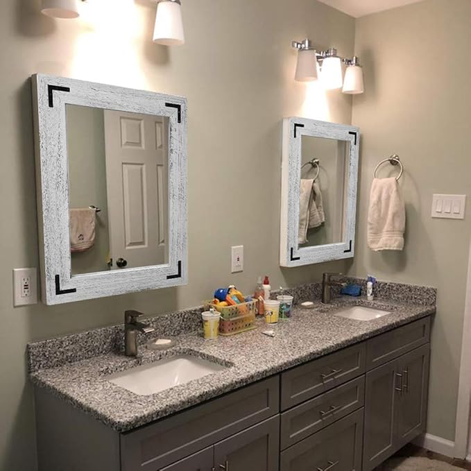 YOSHOOT Rustic Wooden Framed Wall Mirror, Natural Wood Bathroom Vanity Mirror for Farmhouse Decor, Vertical or Horizontal Hanging