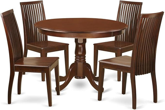East West Furniture HLIP5-MAH-W 5 Piece Dining Room Table Set Includes a Round Dining Table with Pedestal and 4 Wood Seat Chairs, 42x42 Inch, Mahogany