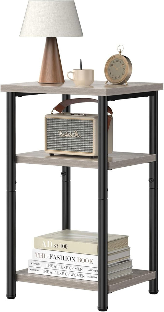 DUMOS End Table Small Side Sofa Tables 3 Tier Tall Nightstand Storage Shelf with Adjustable Feet for Living Room Bedroom Office, Grey