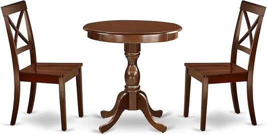 East West Furniture ESBO3-MAH-W 3 Piece Dining Room Table Set Contains a Round Kitchen Table with Pedestal and 2 Dining Chairs, 30x30 Inch, Mahogany