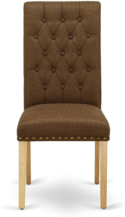East West Furniture BRP4T18 Bremond Parson Kitchen Chairs - Button Tufted Nailhead Trim Brown Linen Linen Fabric Upholstered Dining Chairs, Set of 2, Oak
