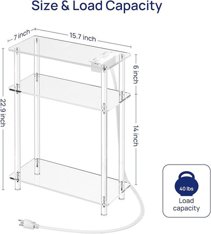 HMYHUM Acrylic Narrow Side Table with Charging Station, 7" Width, 3 Tier Small End Table for Small Spaces, Skinny Nightstand/Bedside Table with USB Ports & Outlet, Clear