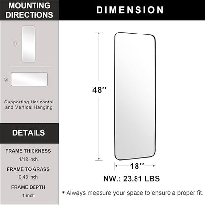 ANDY STAR 18" x 48" Full Length Wall Mirror, Large Black Mirror for Bathroom, Rounded Corner Rectangle Body Mirror for Floor and Leaning