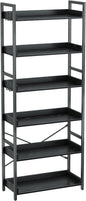 Rolanstar Bookshelf 6 Tier with 4 Hooks, Industrial Bookcase, Vintage Storage Rack with Open Shelves, Rustic Standing Bookshelves Metal Frame Display Rack for Living Room, Bedroom, Black