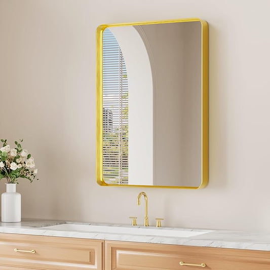 Koonmi Gold Bathroom Mirror for Wall, 22x30 Inch Matte Metal Deep Framed Rounded Corner Wall Mirror, Shatterproof Tempered Glass for Farmhouse Bedroom Entryway, Vertically or Horizontally