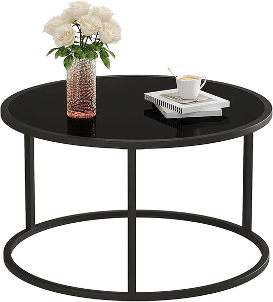 SAYGOER Black Glass Coffee Table Small Round Coffee Tables 27.6In Modern Tempered Glass-Top Accent Center Table for Living Room Home Office Small Space Easy Assembly