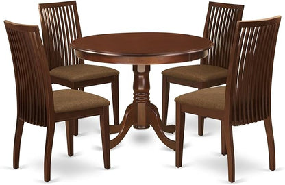 East West Furniture HLIP5-MAH-C 5 Piece Dinette Set for 4 Includes a Round Dining Room Table with Pedestal and 4 Linen Fabric Kitchen Dining Chairs, 42x42 Inch, Mahogany