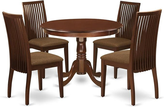 East West Furniture HLIP5-MAH-C 5 Piece Dinette Set for 4 Includes a Round Dining Room Table with Pedestal and 4 Linen Fabric Kitchen Dining Chairs, 42x42 Inch, Mahogany