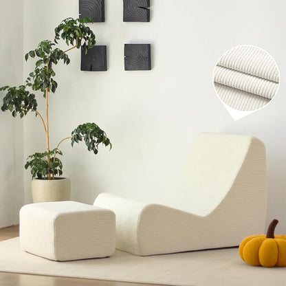 N&V Bean Bag Chair Single Seated Foam Sofa Armless Floor Sofa with High Density Foam Removable and Machine Washable Cover (White, Large, Corduroy Stripes)