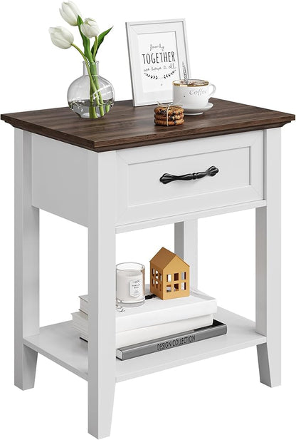 IDEALHOUSE Nightstand, End Table with Drawer, Side Table for Spaces, 2 Tiers Storage Shelves with Dresser, Bedside Table for Living Room, Bedroom, Dorm (White)