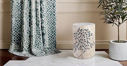 PEMAR Mother of Pearl Cylinder Drum End Table Nacre Side Stool Round Accent Table Coffee Bedside Nightstand and Vanity Stool (Olive Tree)