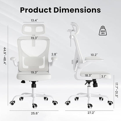 Ergonomic Office Chair, Comfy Home Office Chair High Back Computer Chair with Headrest, Adjustable Back Support, Flip-Up Arms, 90-120° Tilt and Wide Cushion, Up to 300lbs,White