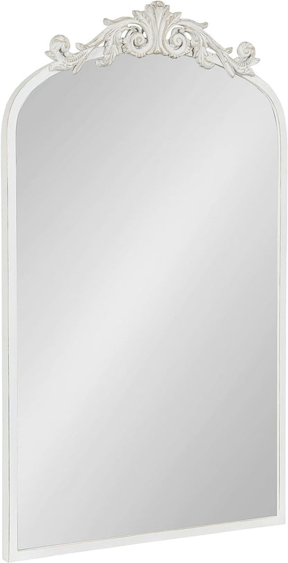 Kate and Laurel Arendahl Traditional Arch Wall Mirror; 19 x 31; Antique White; Vintage Glam Baroque-Inspired Arched Bathroom Vanity Mirror with Ornate Crown