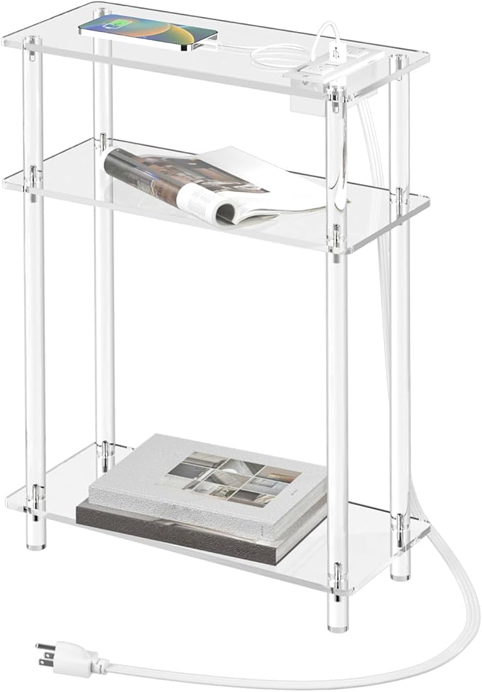 HMYHUM Acrylic Narrow Side Table with Charging Station, 7" Width, 3 Tier Small End Table for Small Spaces, Skinny Nightstand/Bedside Table with USB Ports & Outlet, Clear
